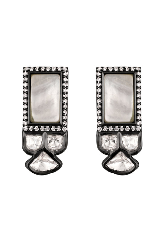 Studs in silver tone brass with Mother Of Pearl, Cubic Zirconia, Kundan Polki
