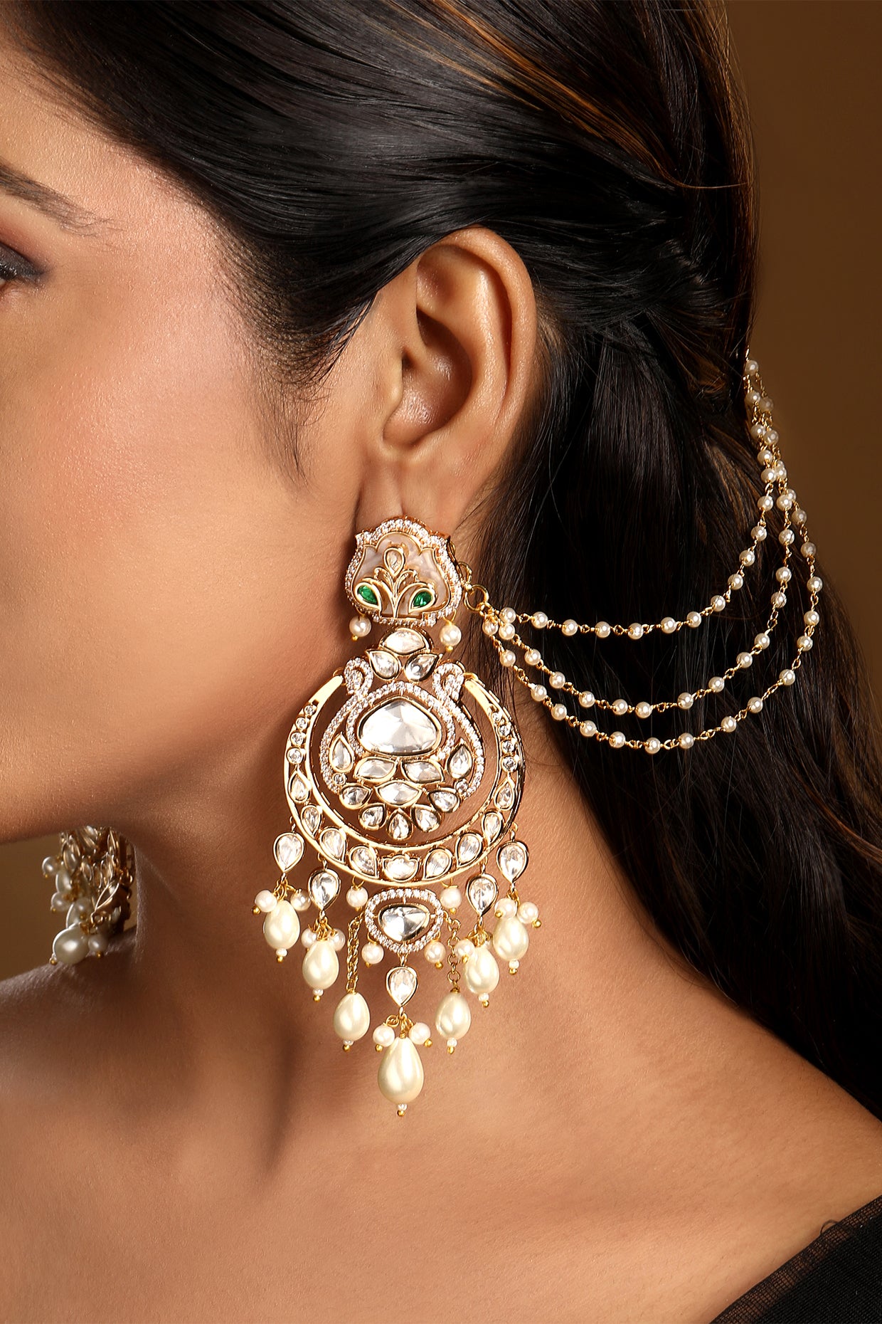 Chandbali With Ditchable Pearl Ear Chain in gold tone brass with Kundan Polki, Zircone Diamond, Enamel Stone, Shell Pearl Have Been Used