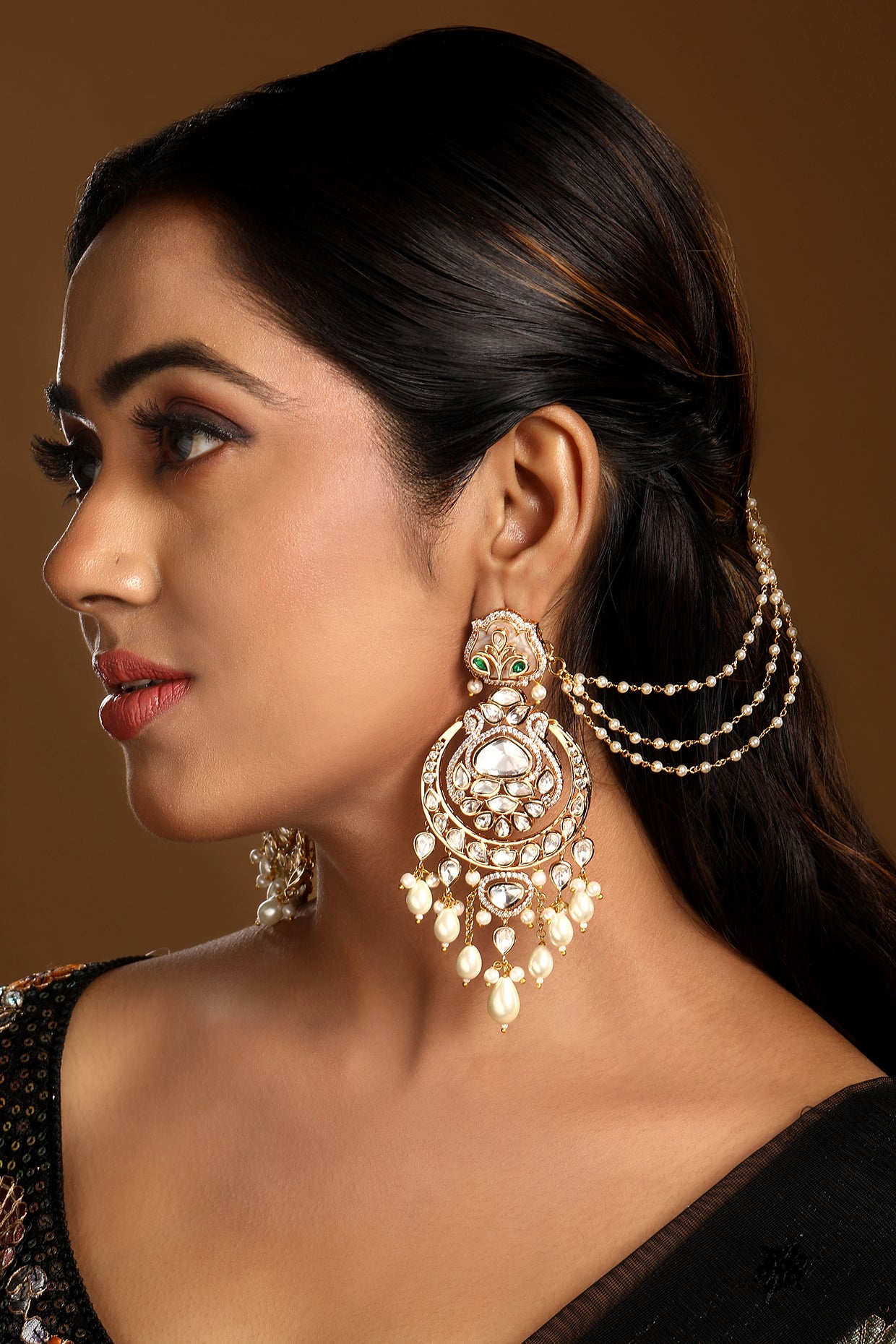 Chandbali With Ditchable Pearl Ear Chain in gold tone brass with Kundan Polki, Zircone Diamond, Enamel Stone, Shell Pearl Have Been Used