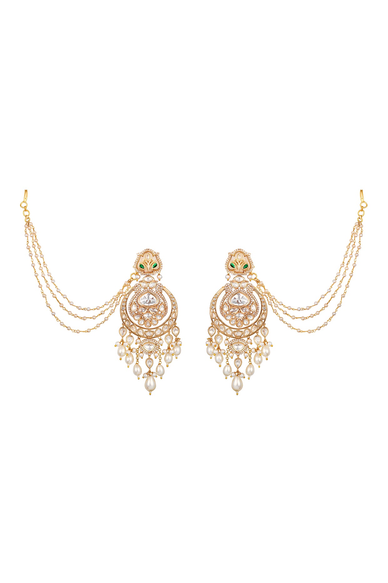Chandbali With Ditchable Pearl Ear Chain in gold tone brass with Kundan Polki, Zircone Diamond, Enamel Stone, Shell Pearl Have Been Used