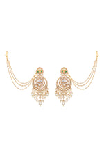 Chandbali With Ditchable Pearl Ear Chain in gold tone brass with Kundan Polki, Zircone Diamond, Enamel Stone, Shell Pearl Have Been Used