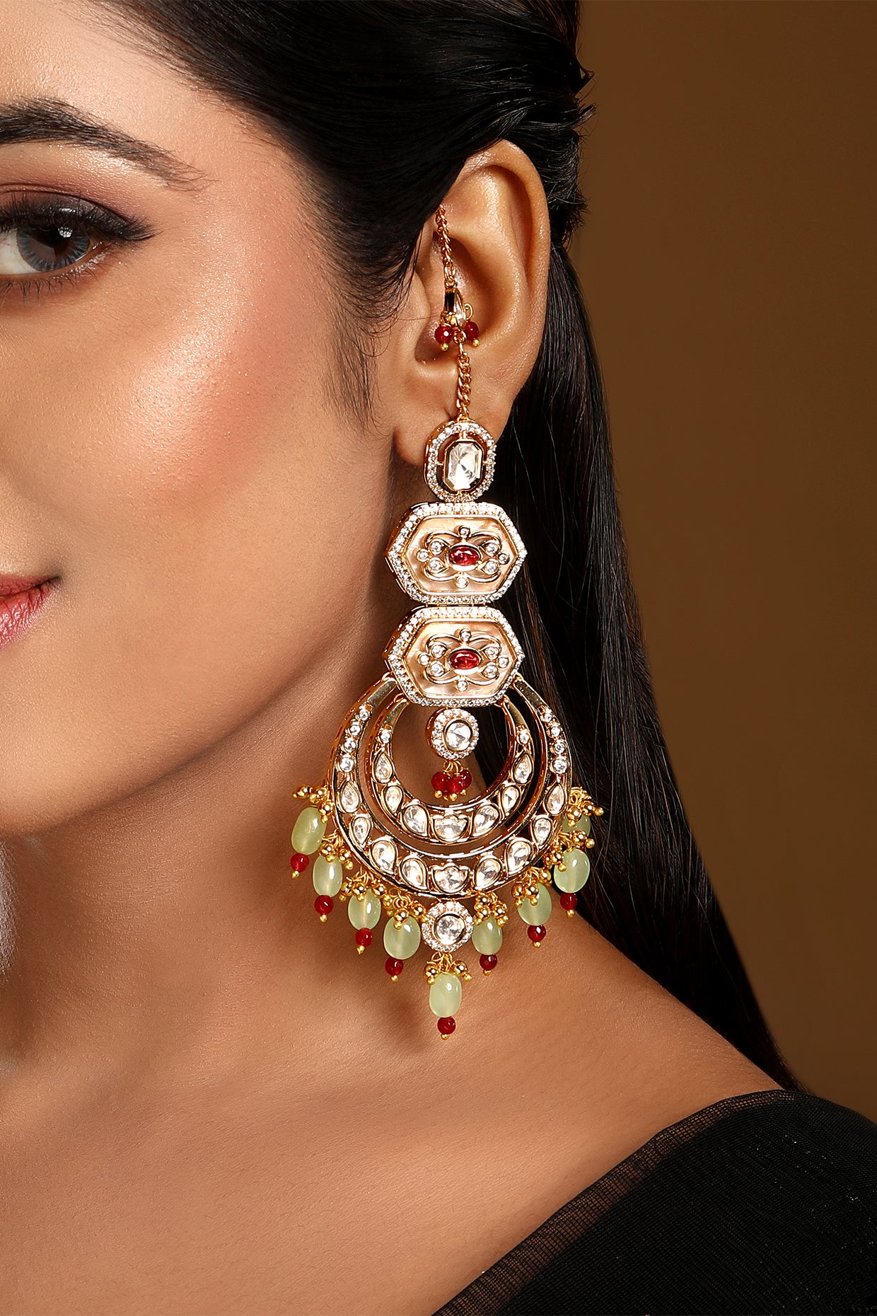 Chandbali With Attached Ear Chain in gold tone brass with Kundan Polki, Zircon Diamond, Enamel, Tumble, Agate, Gold Micro Balls, Synthetic Ruby Have Been Used