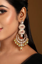 Chandbali With Attached Ear Chain in gold tone brass with Kundan Polki, Zircon Diamond, Enamel, Tumble, Agate, Gold Micro Balls, Synthetic Ruby Have Been Used