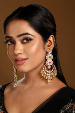 Chandbali With Attached Ear Chain in gold tone brass with Kundan Polki, Zircon Diamond, Enamel, Tumble, Agate, Gold Micro Balls, Synthetic Ruby Have Been Used