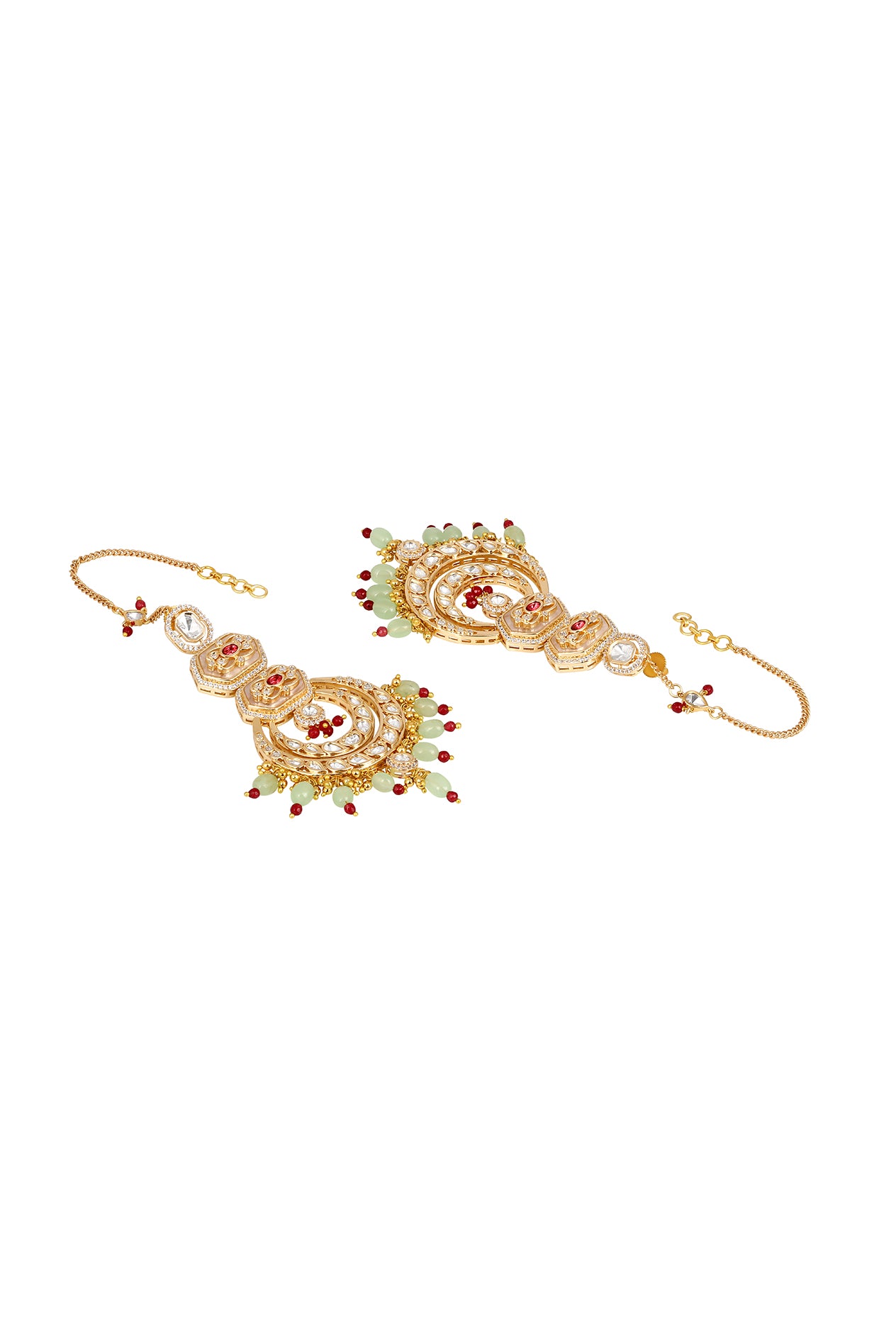 Chandbali With Attached Ear Chain in gold tone brass with Kundan Polki, Zircon Diamond, Enamel, Tumble, Agate, Gold Micro Balls, Synthetic Ruby Have Been Used