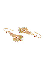 Chandbali With Attached Ear Chain in gold tone brass with Kundan Polki, Zircon Diamond, Enamel, Tumble, Agate, Gold Micro Balls, Synthetic Ruby Have Been Used