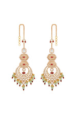 Chandbali With Attached Ear Chain in gold tone brass with Kundan Polki, Zircon Diamond, Enamel, Tumble, Agate, Gold Micro Balls, Synthetic Ruby Have Been Used