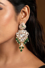 Danglers in gold tone brass with Kundan Polki, Zircon Diamond, Enamel, Tumble, Crystal, Have Been Used
