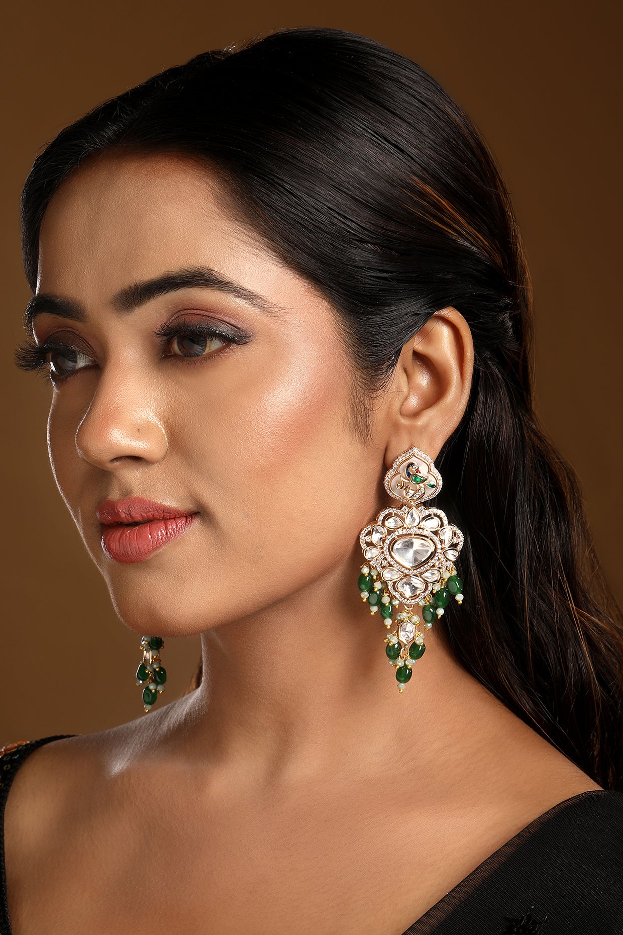 Danglers in gold tone brass with Kundan Polki, Zircon Diamond, Enamel, Tumble, Crystal, Have Been Used