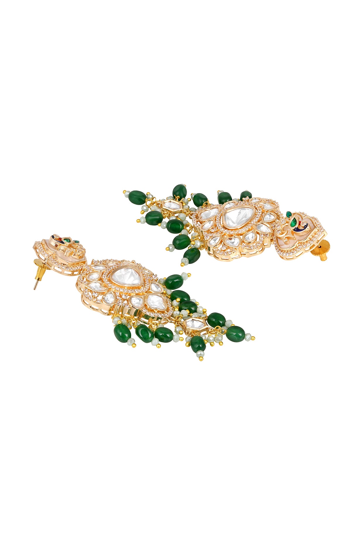 Danglers in gold tone brass with Kundan Polki, Zircon Diamond, Enamel, Tumble, Crystal, Have Been Used