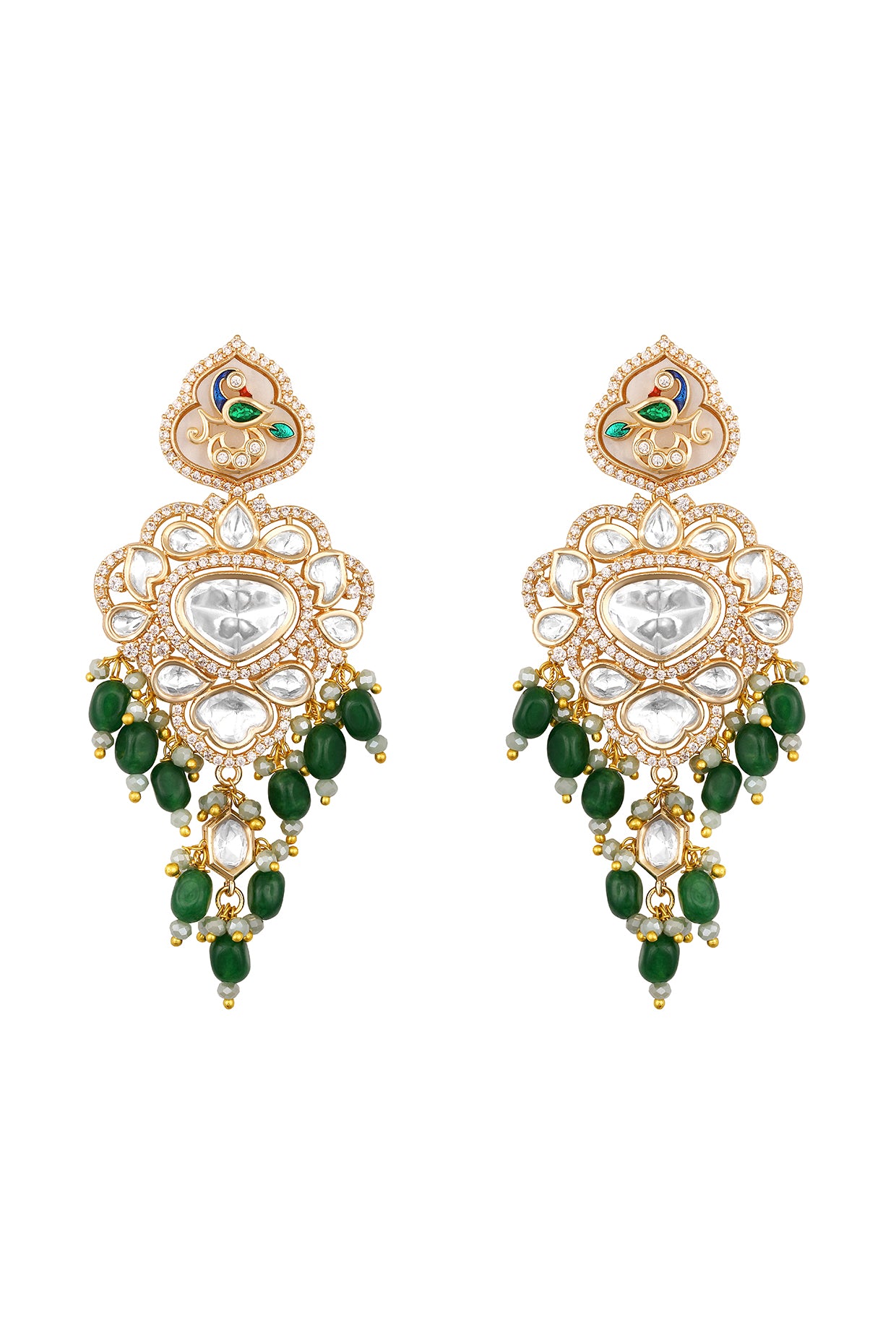 Danglers in gold tone brass with Kundan Polki, Zircon Diamond, Enamel, Tumble, Crystal, Have Been Used