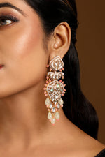 Danglers in gold tone brass with Kundan Polki, Zircon Diamond, Enamel, Agates, Agates Drops, Have Been Used