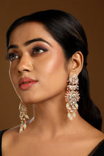 Danglers in gold tone brass with Kundan Polki, Zircon Diamond, Enamel, Agates, Agates Drops, Have Been Used