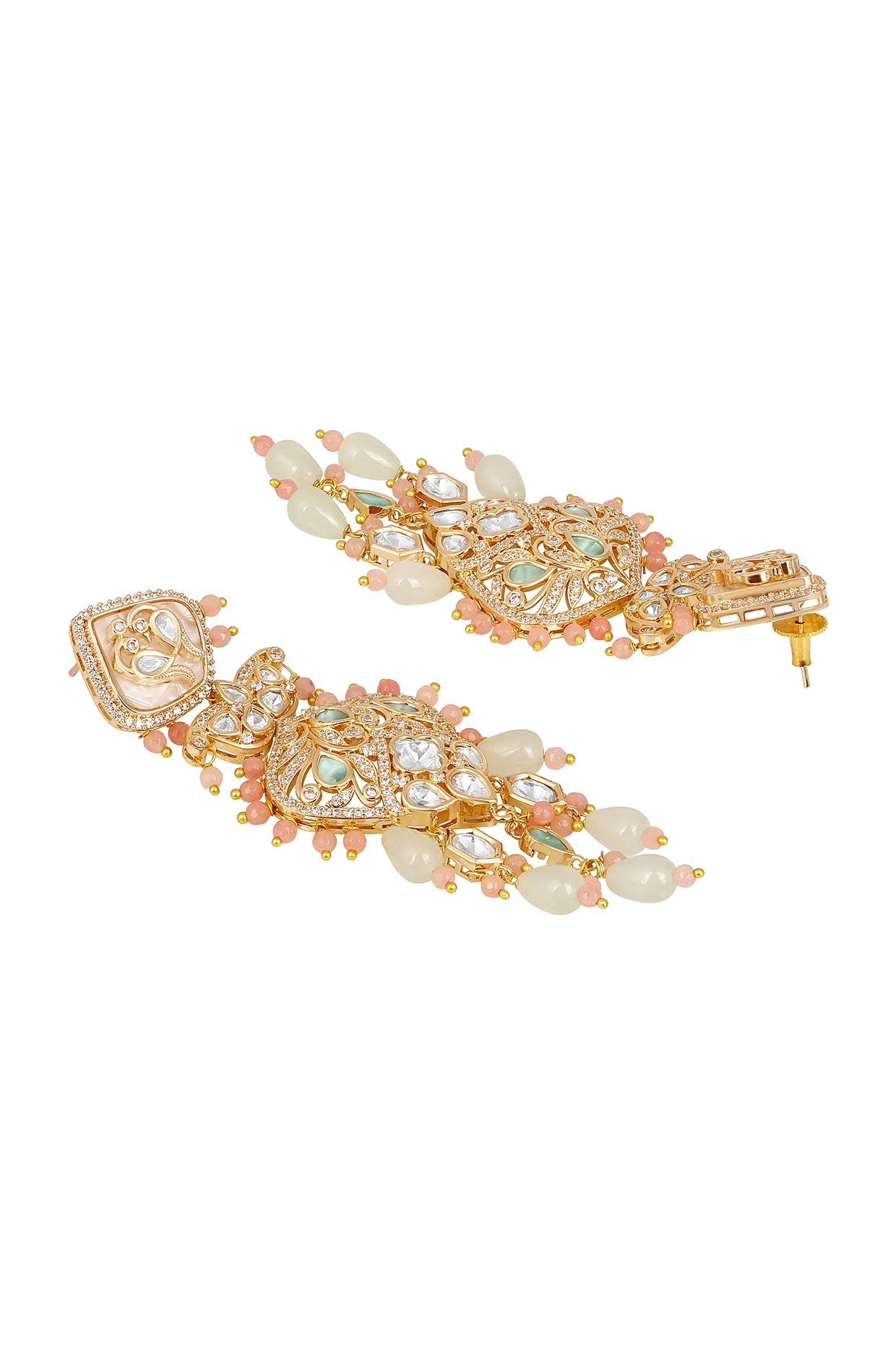 Danglers in gold tone brass with Kundan Polki, Zircon Diamond, Enamel, Agates, Agates Drops, Have Been Used