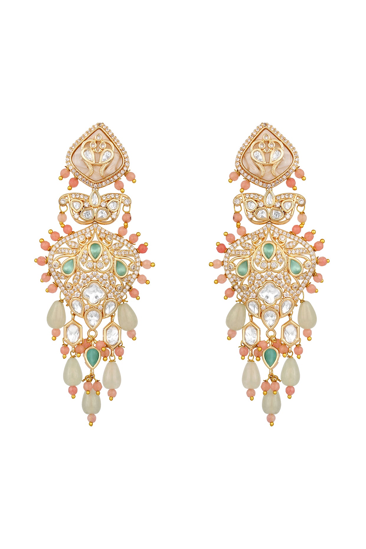 Danglers in gold tone brass with Kundan Polki, Zircon Diamond, Enamel, Agates, Agates Drops, Have Been Used