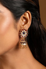 Dangler Jhumki in gold tone brass with Kundan Polki, Enamel, Gold Ghungroo Have Been Used