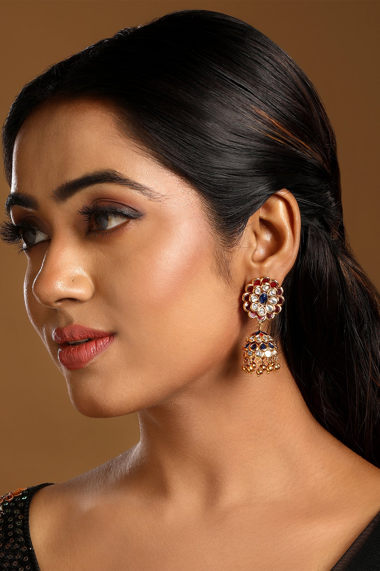Dangler Jhumki in gold tone brass with Kundan Polki, Enamel, Gold Ghungroo Have Been Used
