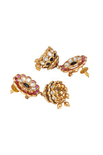 Dangler Jhumki in gold tone brass with Kundan Polki, Enamel, Gold Ghungroo Have Been Used