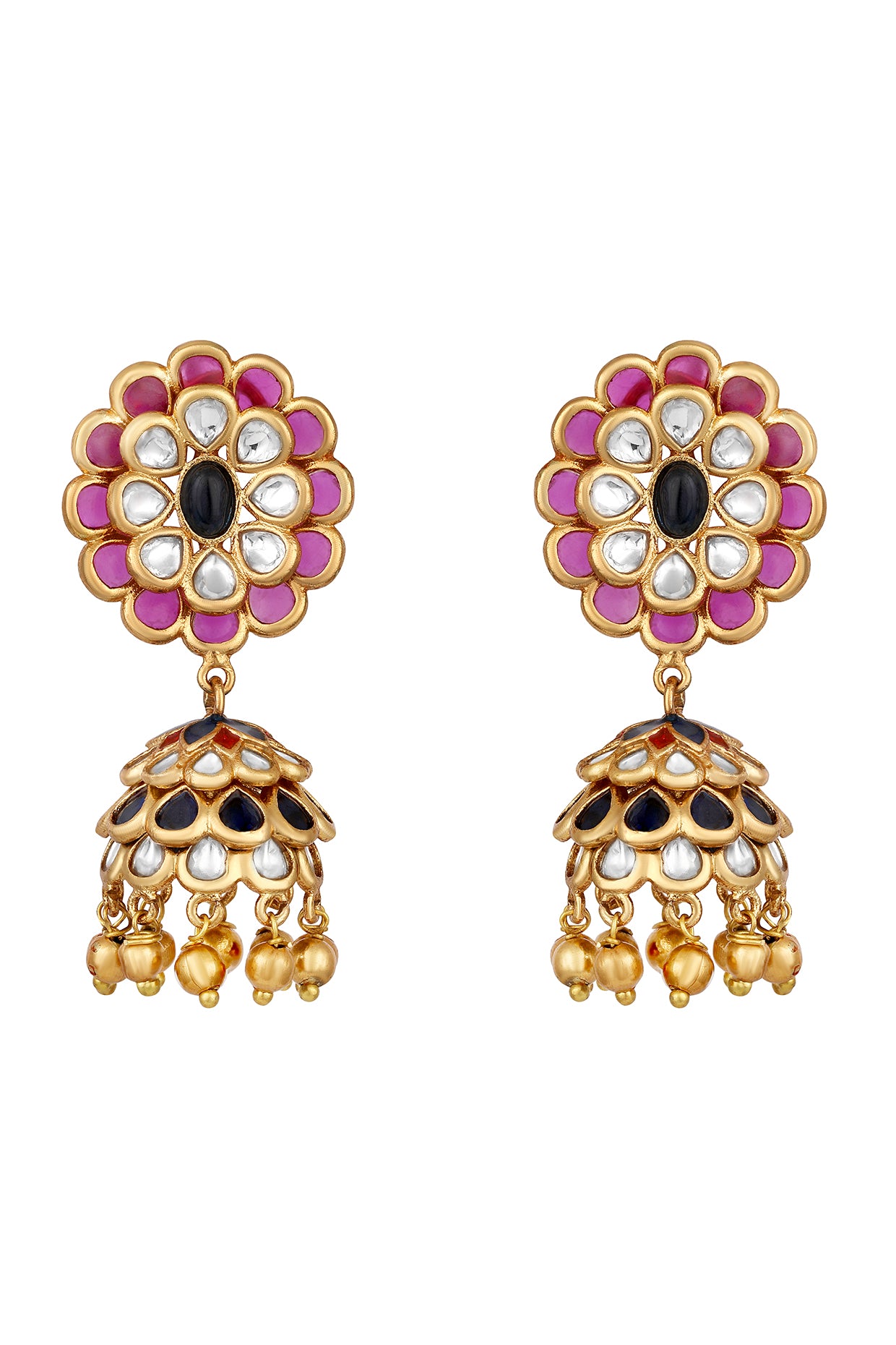Dangler Jhumki in gold tone brass with Kundan Polki, Enamel, Gold Ghungroo Have Been Used