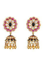 Dangler Jhumki in gold tone brass with Kundan Polki, Enamel, Gold Ghungroo Have Been Used