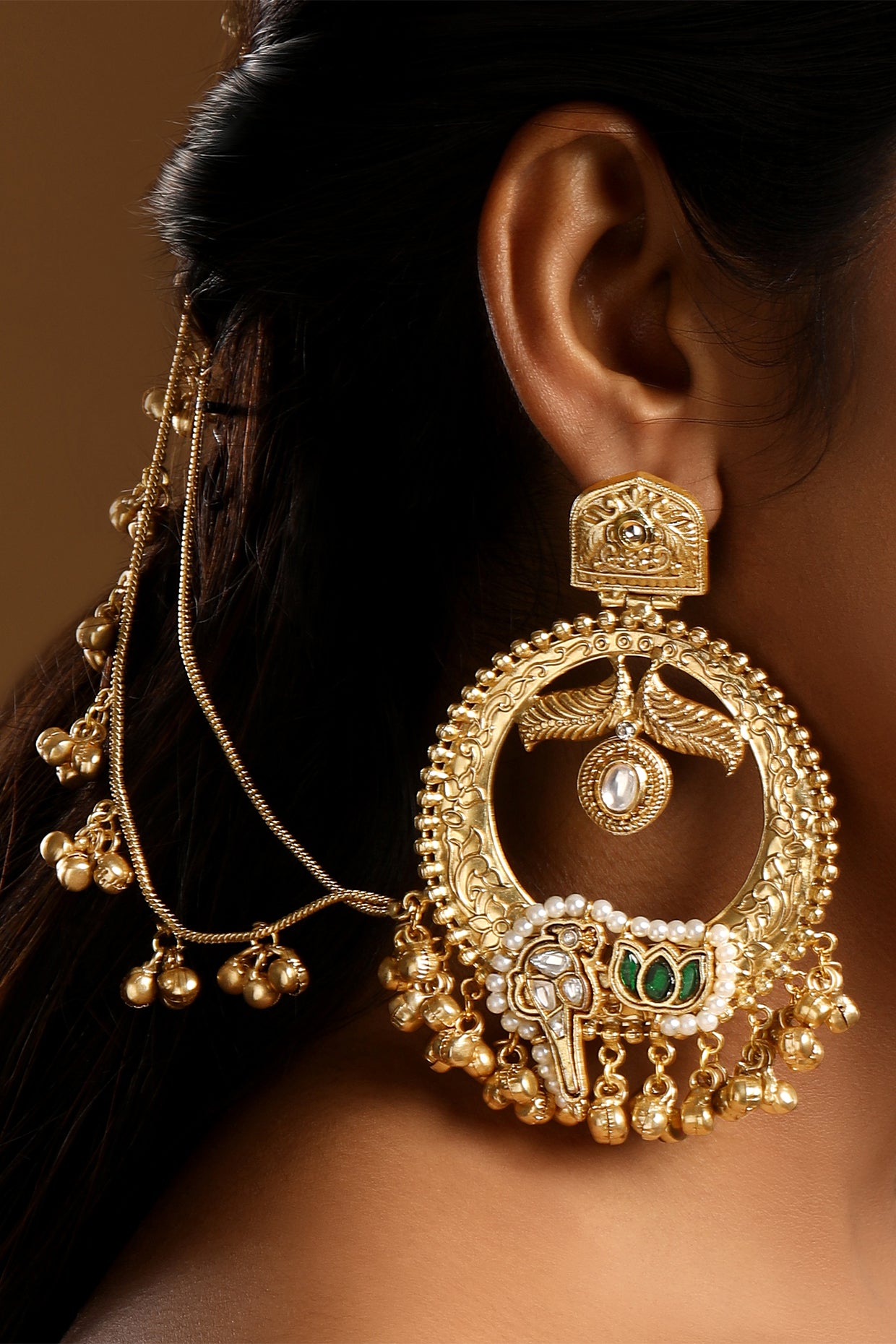 Chandbali With Two Line Ghungrool Ear Chain With Hook. in gold tone brass with Kundan Polki, Pearls, Synthetic Emerald, Gold Gungroo, Have Been Used