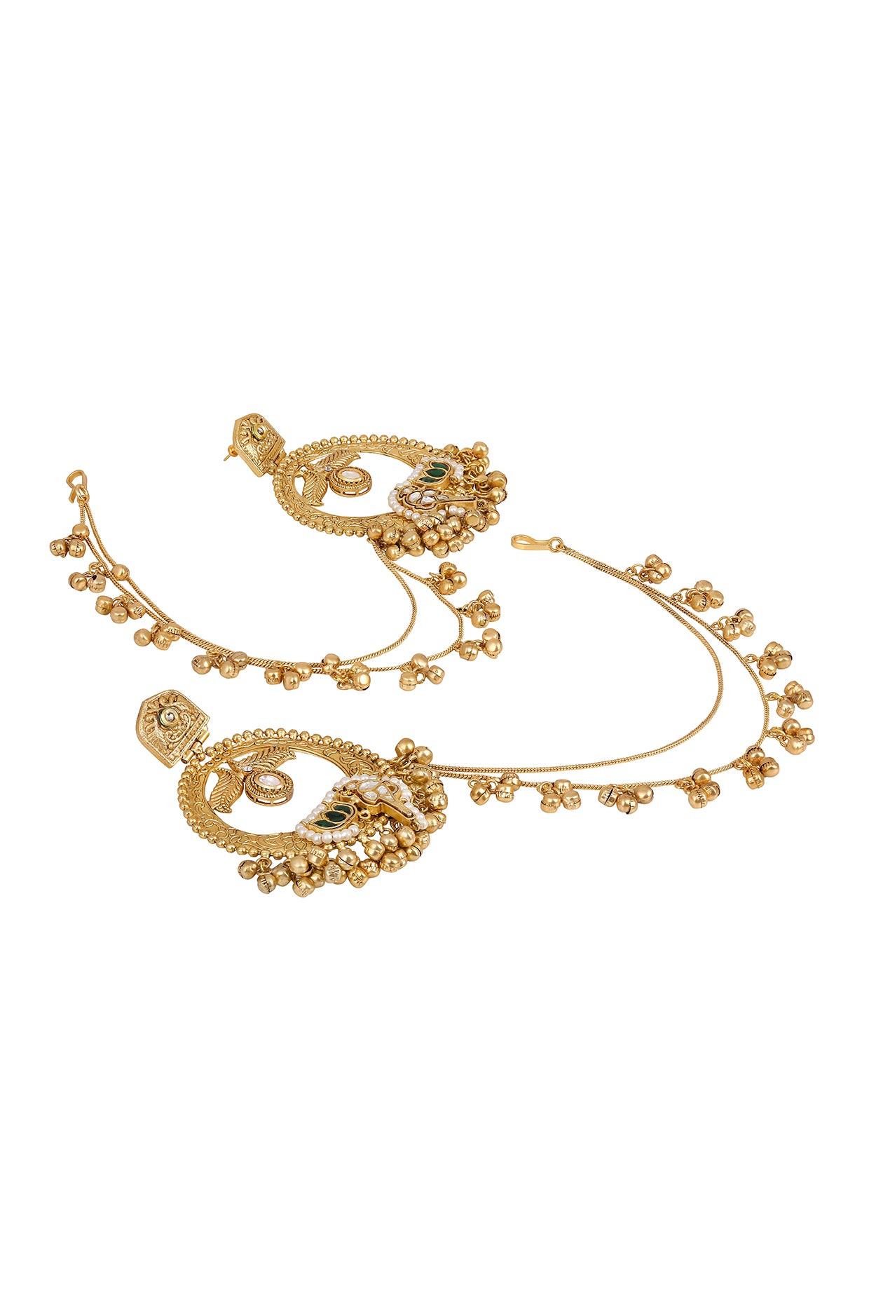 Chandbali With Two Line Ghungrool Ear Chain With Hook. in gold tone brass with Kundan Polki, Pearls, Synthetic Emerald, Gold Gungroo, Have Been Used