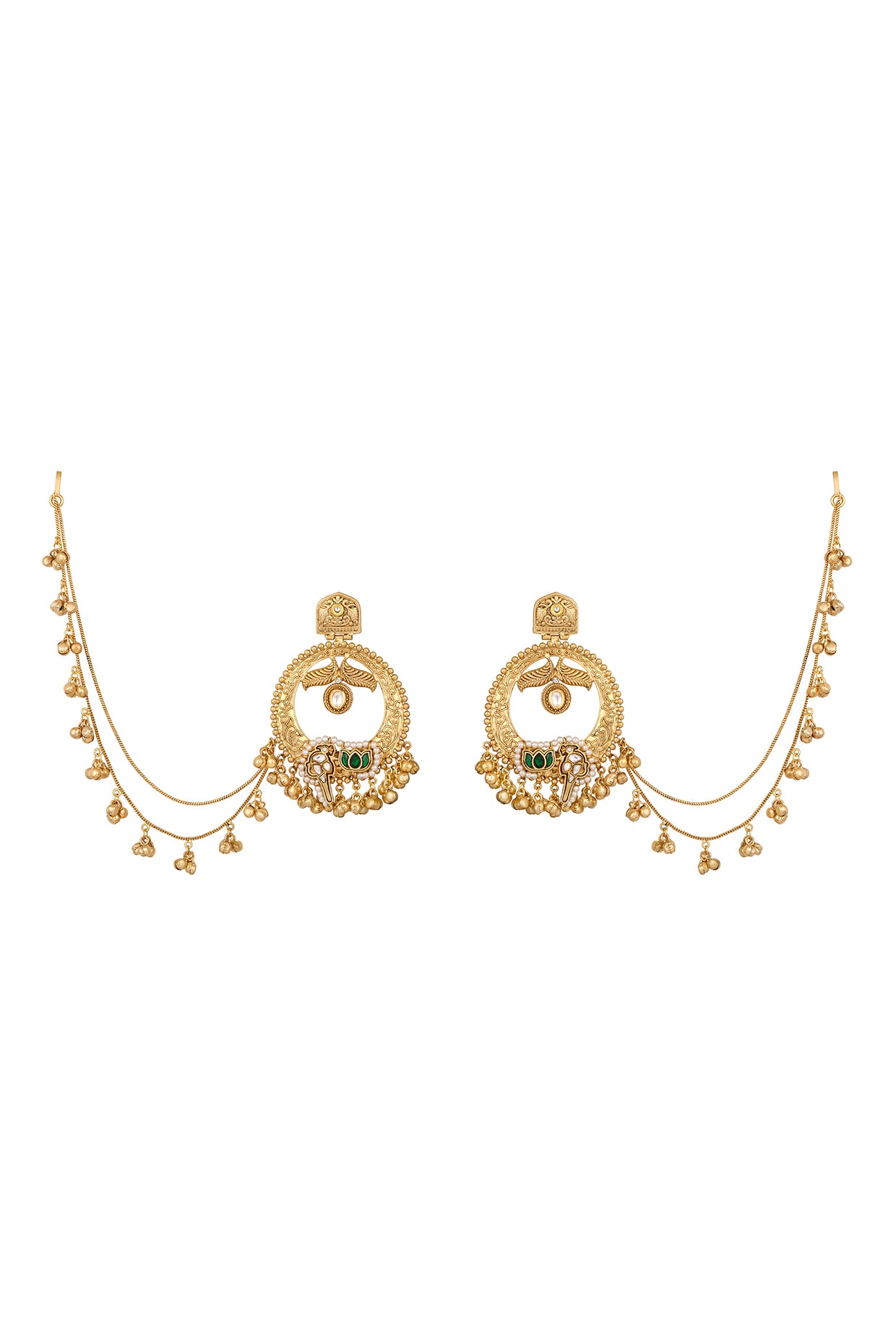 Chandbali With Two Line Ghungrool Ear Chain With Hook. in gold tone brass with Kundan Polki, Pearls, Synthetic Emerald, Gold Gungroo, Have Been Used