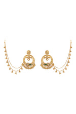 Chandbali With Two Line Ghungrool Ear Chain With Hook. in gold tone brass with Kundan Polki, Pearls, Synthetic Emerald, Gold Gungroo, Have Been Used