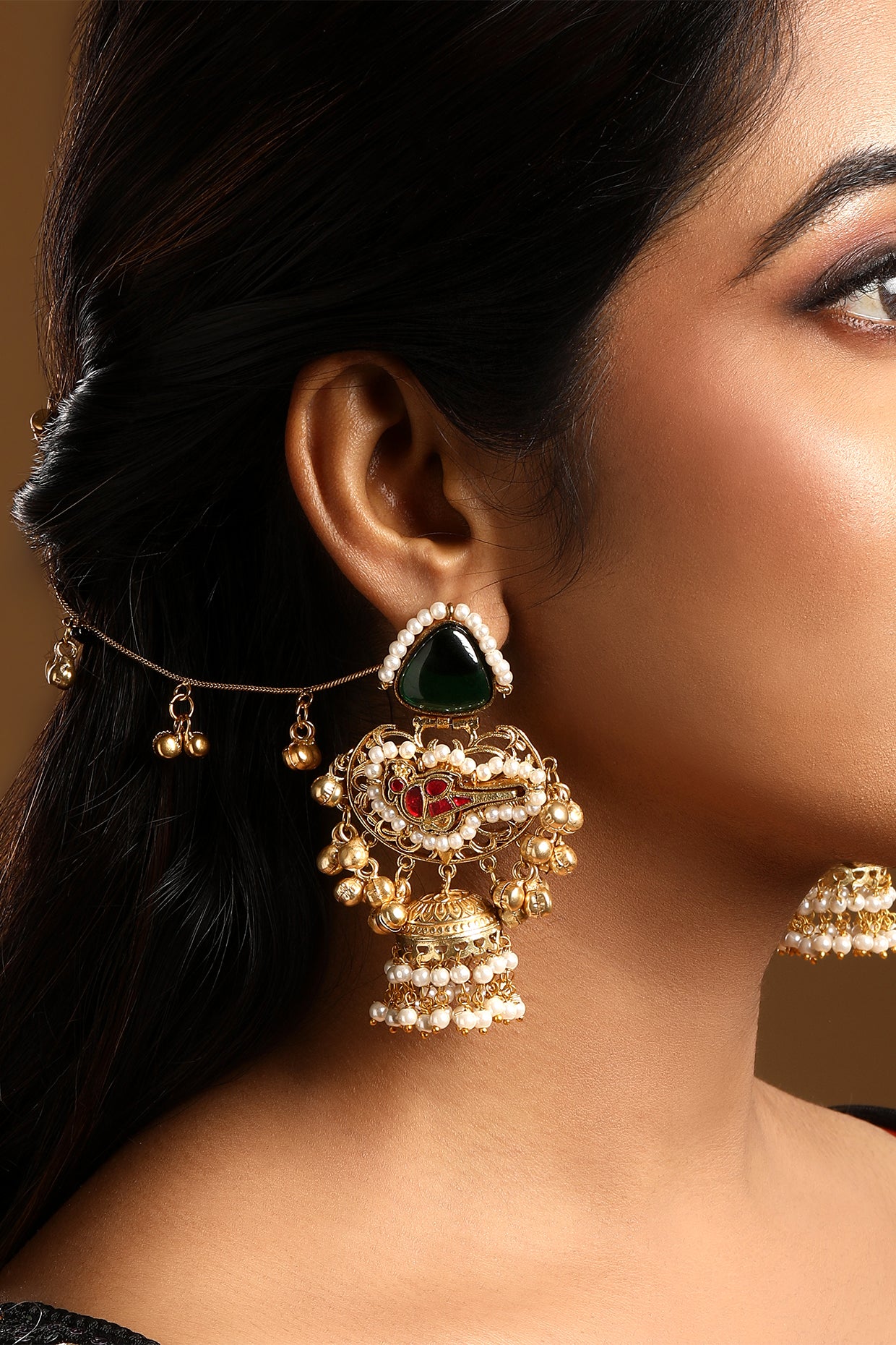 Dangler Jhumki With Detachable Ghungroo Ear Chain With Hook. in gold tone brass with Pearls, Synthetic Emerald, Synthetic Ruby, Gold Gungroo, Have Been Used