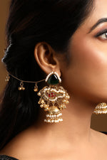 Dangler Jhumki With Detachable Ghungroo Ear Chain With Hook. in gold tone brass with Pearls, Synthetic Emerald, Synthetic Ruby, Gold Gungroo, Have Been Used