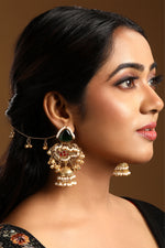 Dangler Jhumki With Detachable Ghungroo Ear Chain With Hook. in gold tone brass with Pearls, Synthetic Emerald, Synthetic Ruby, Gold Gungroo, Have Been Used