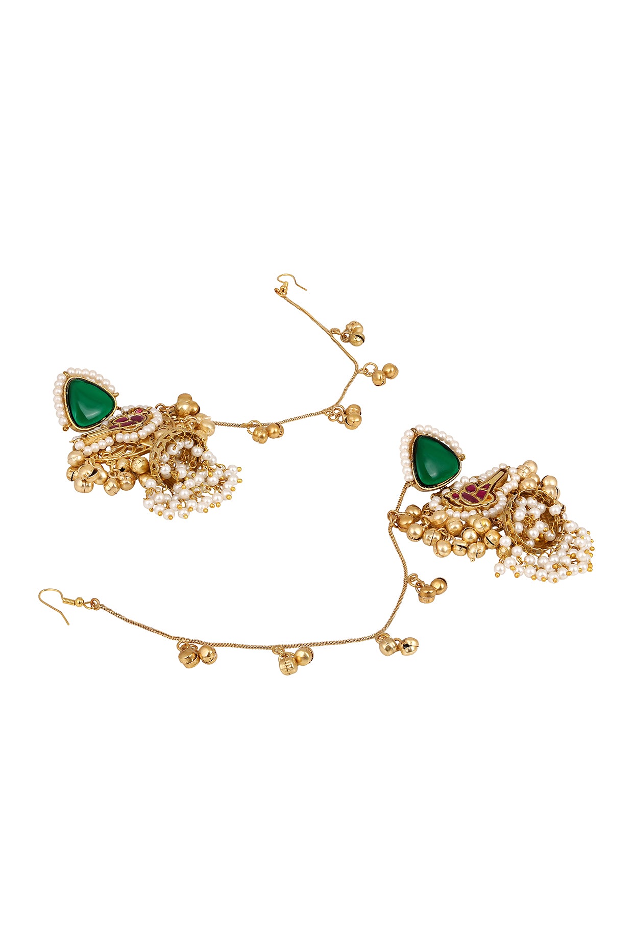 Dangler Jhumki With Detachable Ghungroo Ear Chain With Hook. in gold tone brass with Pearls, Synthetic Emerald, Synthetic Ruby, Gold Gungroo, Have Been Used