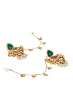 Dangler Jhumki With Detachable Ghungroo Ear Chain With Hook. in gold tone brass with Pearls, Synthetic Emerald, Synthetic Ruby, Gold Gungroo, Have Been Used