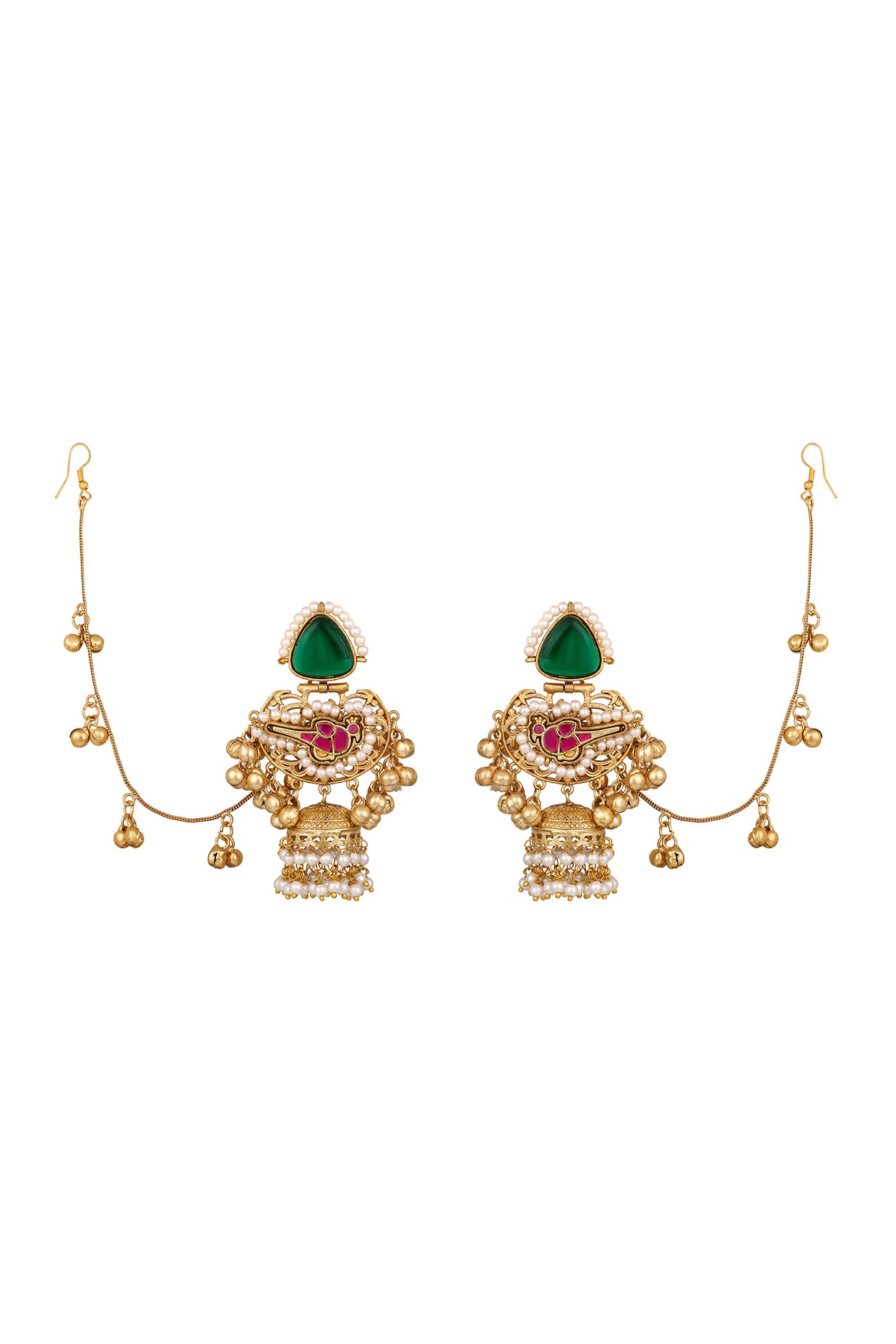 Dangler Jhumki With Detachable Ghungroo Ear Chain With Hook. in gold tone brass with Pearls, Synthetic Emerald, Synthetic Ruby, Gold Gungroo, Have Been Used