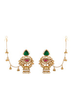 Dangler Jhumki With Detachable Ghungroo Ear Chain With Hook. in gold tone brass with Pearls, Synthetic Emerald, Synthetic Ruby, Gold Gungroo, Have Been Used