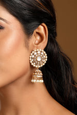 Dangler Jhumki in gold tone brass with Pearls, Kundan Polki, Mother Of Pearl, Have Been Used