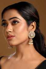 Dangler Jhumki in gold tone brass with Pearls, Kundan Polki, Mother Of Pearl, Have Been Used