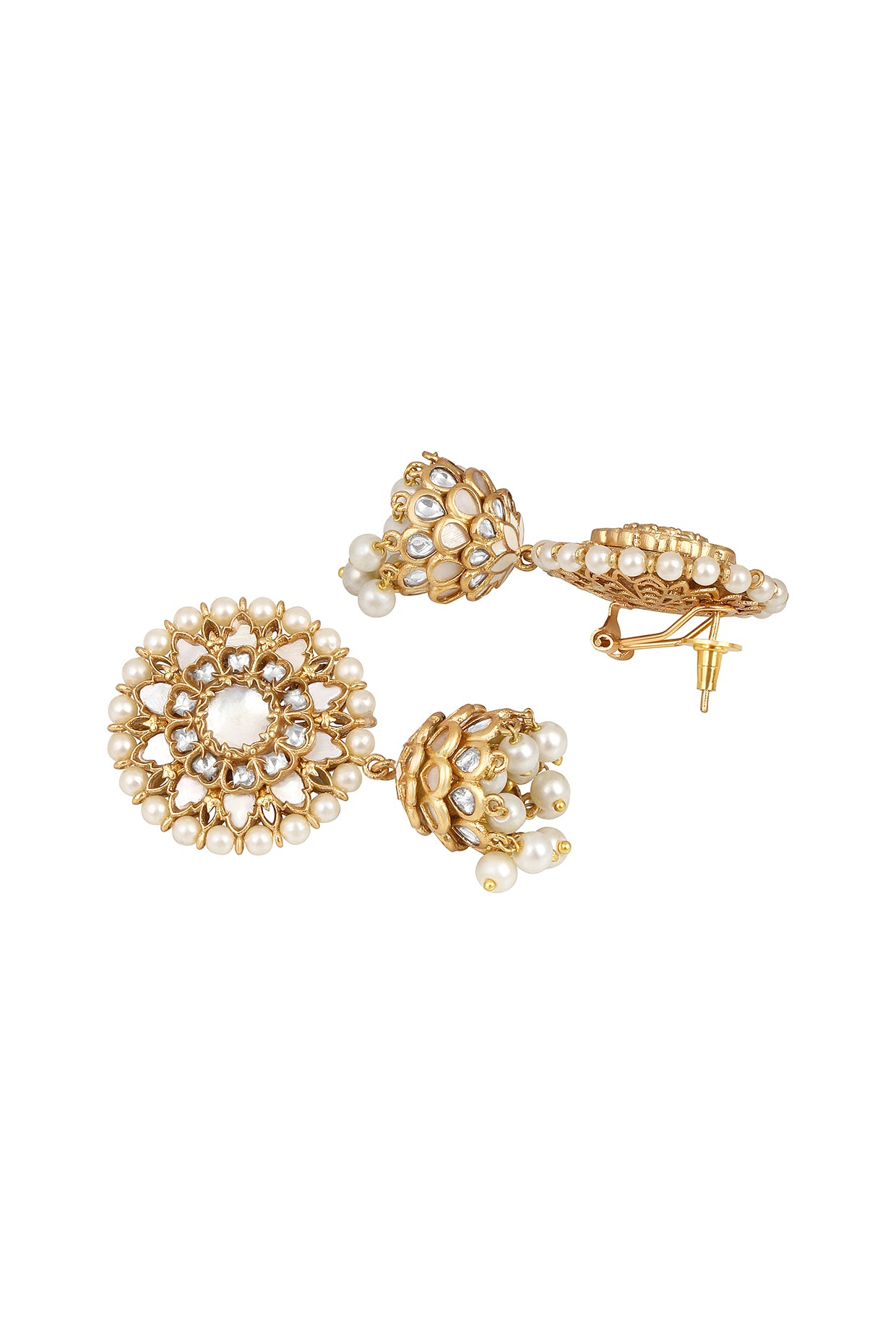 Dangler Jhumki in gold tone brass with Pearls, Kundan Polki, Mother Of Pearl, Have Been Used