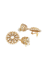 Dangler Jhumki in gold tone brass with Pearls, Kundan Polki, Mother Of Pearl, Have Been Used