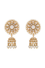 Dangler Jhumki in gold tone brass with Pearls, Kundan Polki, Mother Of Pearl, Have Been Used