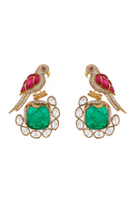 Danglers in gold tone brass with Zircon Diamond, Kundan Polki, Enamel, Synthetic Emerald, Have Been Used