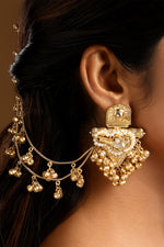 Danglers With Attach Ghungroo Ear Chain in gold tone brass with Pearls, Kundan Polki, Gold Ghungroo, Have Been Used