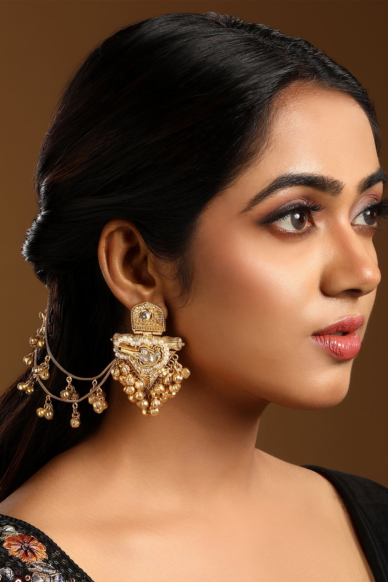 Danglers With Attach Ghungroo Ear Chain in gold tone brass with Pearls, Kundan Polki, Gold Ghungroo, Have Been Used