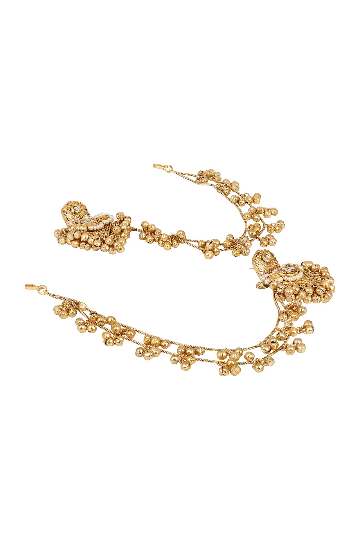Danglers With Attach Ghungroo Ear Chain in gold tone brass with Pearls, Kundan Polki, Gold Ghungroo, Have Been Used