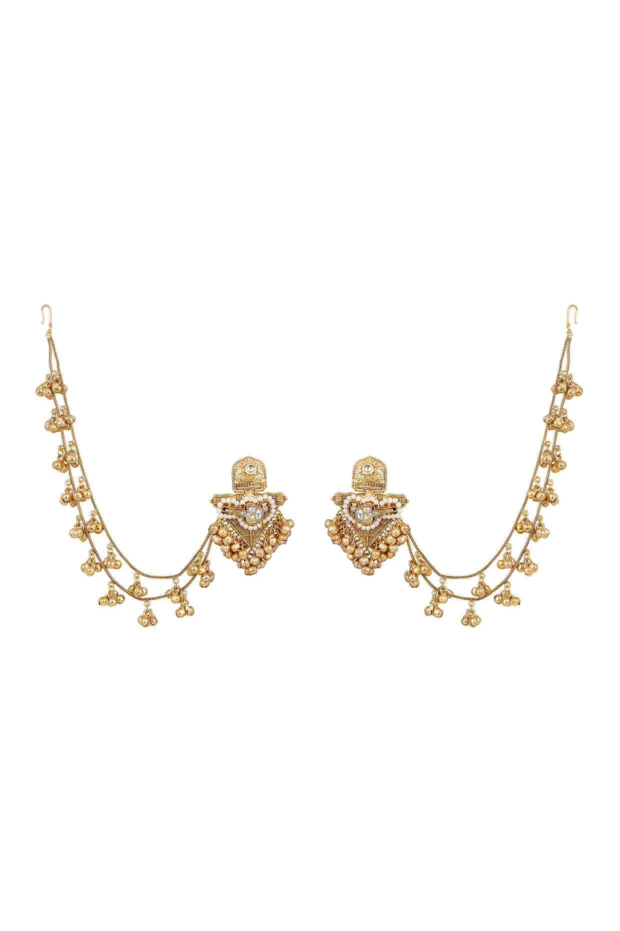 Danglers With Attach Ghungroo Ear Chain in gold tone brass with Pearls, Kundan Polki, Gold Ghungroo, Have Been Used