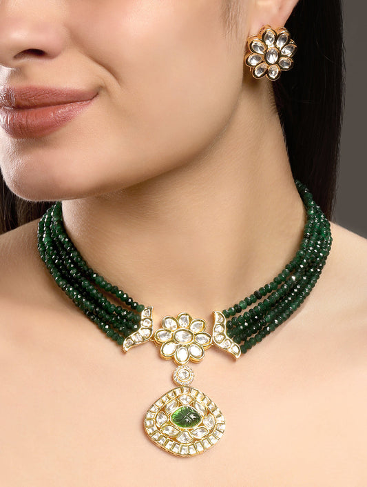 Choker in gold with Micron gold polish brass,moissanite kundan polki, cz diamond , enamelled emerald , Agate,Pearl
