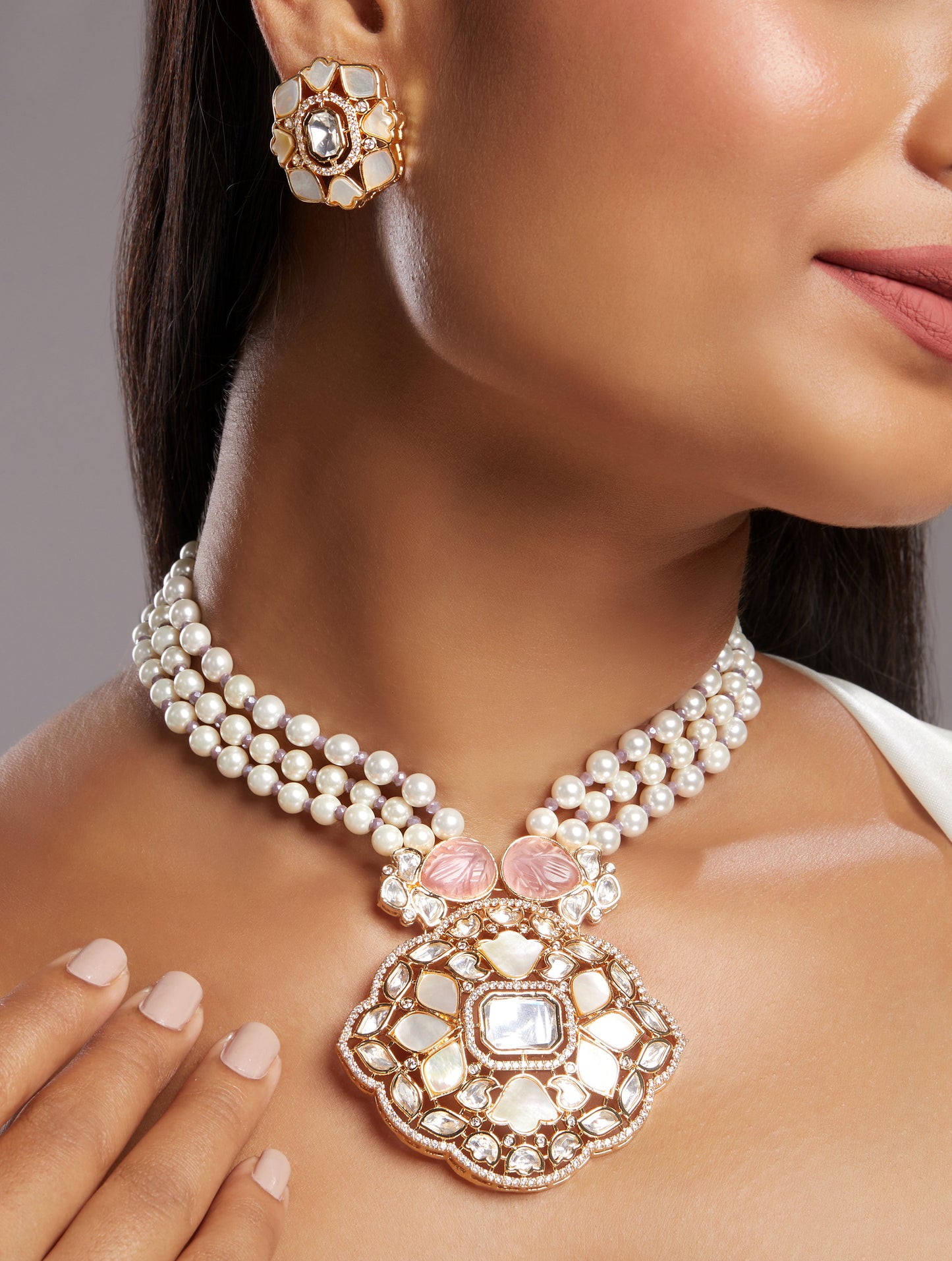 Choker in gold with Micron Gold Polished Brass with mosanite kundan polki, carved onyx, MOther Of Pearl, italian crystal, Shell Pearls, zirconia