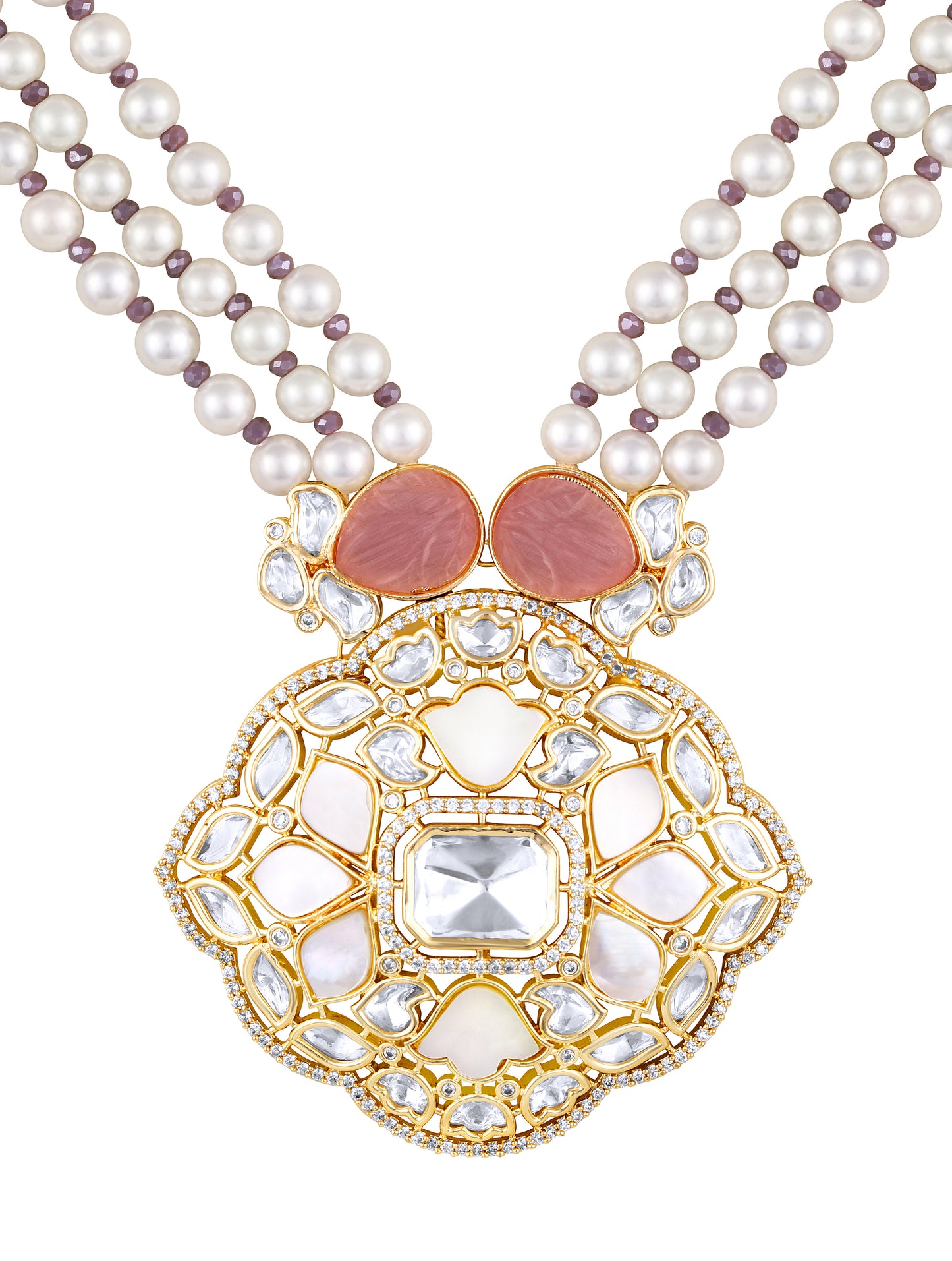 Choker in gold with Micron Gold Polished Brass with mosanite kundan polki, carved onyx, MOther Of Pearl, italian crystal, Shell Pearls, zirconia