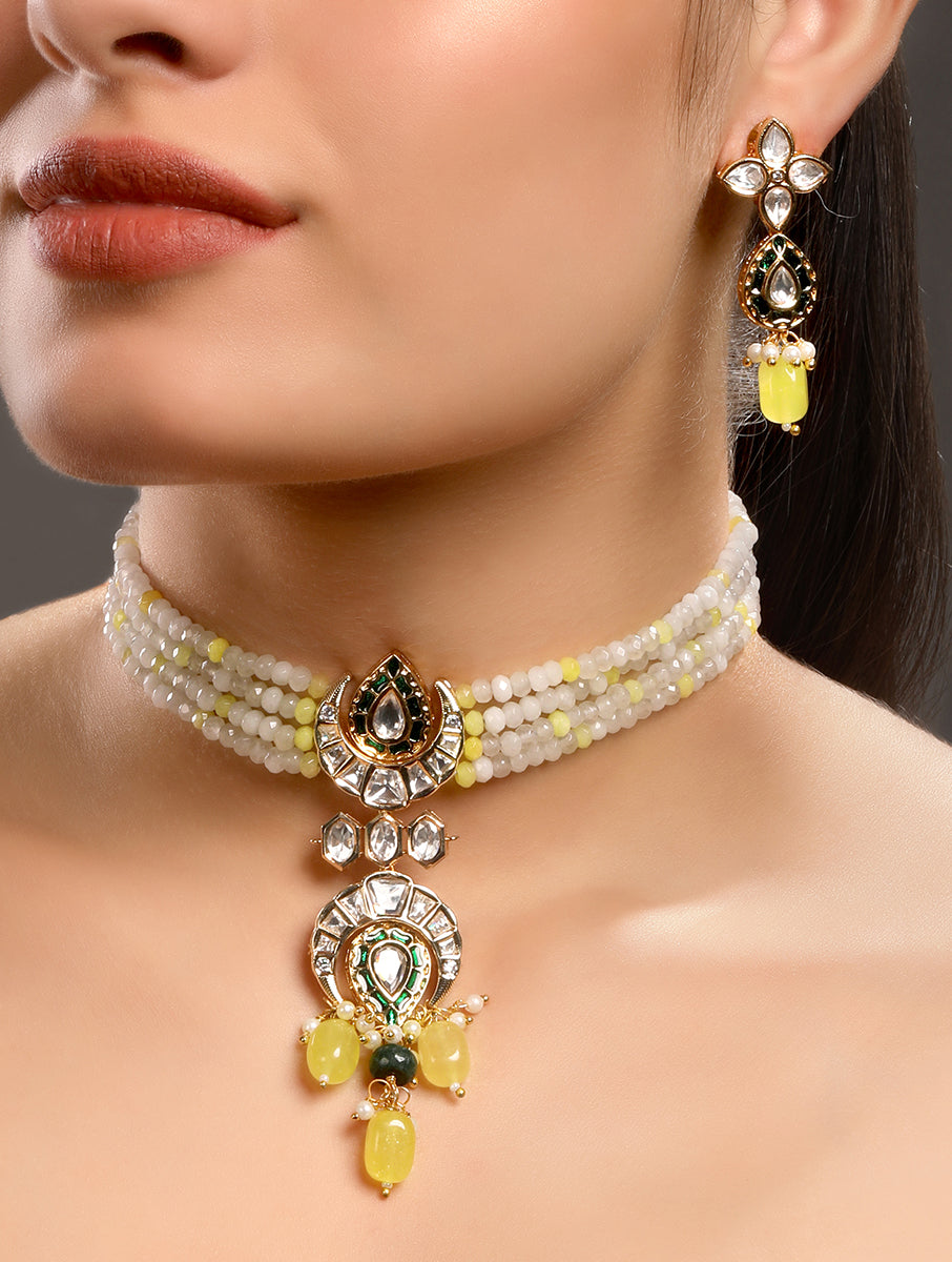 Choker in gold with Micron gold polish brass, Agates, moissanite kundan polki, hand paint meena , tumbles,pearls