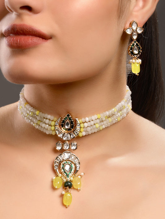 Choker in gold with Micron gold polish brass, Agates, moissanite kundan polki, hand paint meena , tumbles,pearls